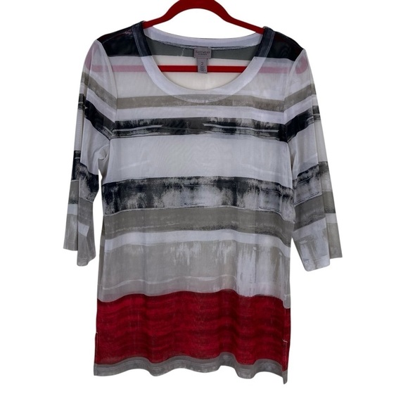 Chico’s Y2K Mesh Top Scoop Neck 3/4 Sleeve Abstract Colorblock Print Sz 2 / US L - Picture 1 of 15